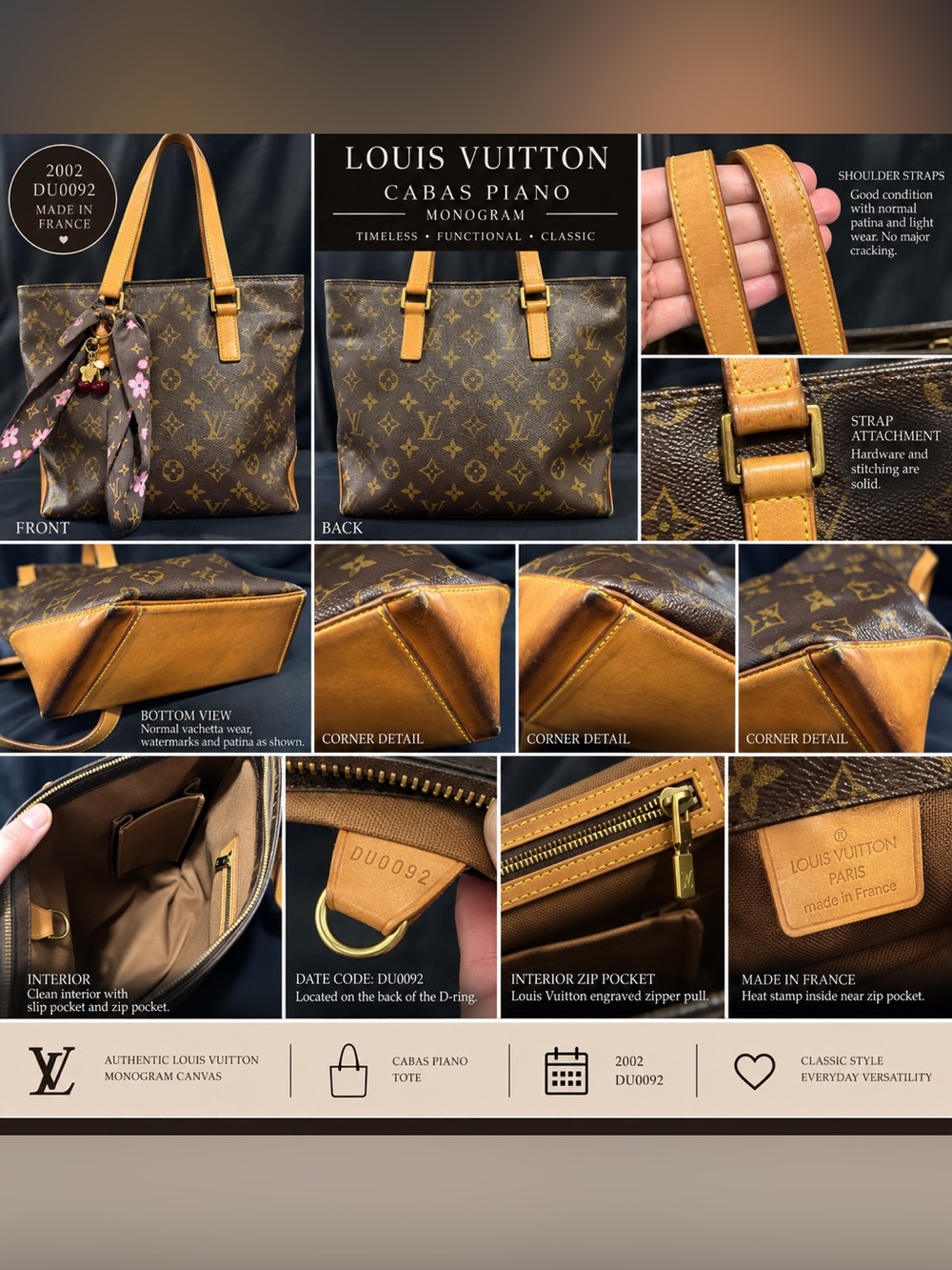 Louis Vuitton Cabas Piano Monogram Tote M51148 Vintage 2002 DU0092 France